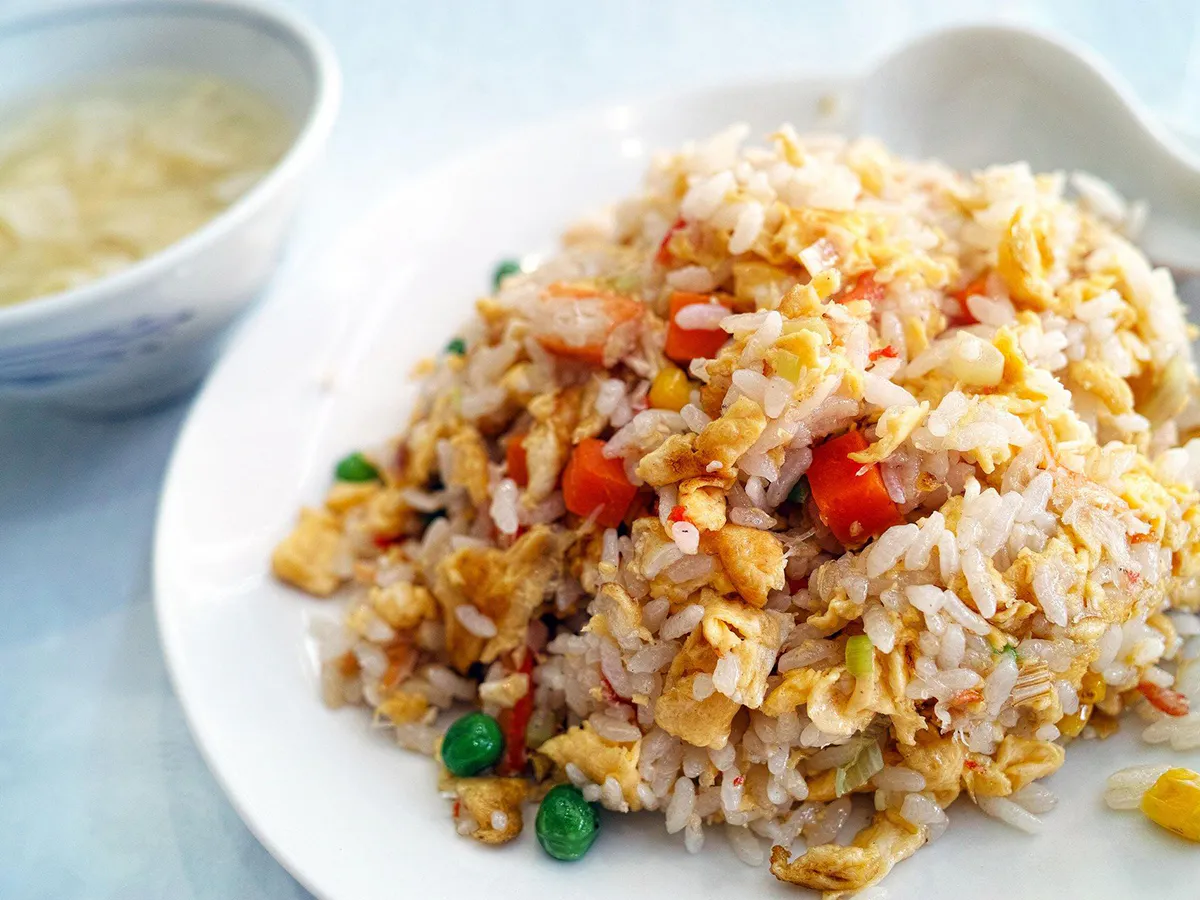 Colorful vegetable egg fried rice with fresh diced ingredients at China Wok Fast Food, a Chinese Restaurant in Hacienda Heights