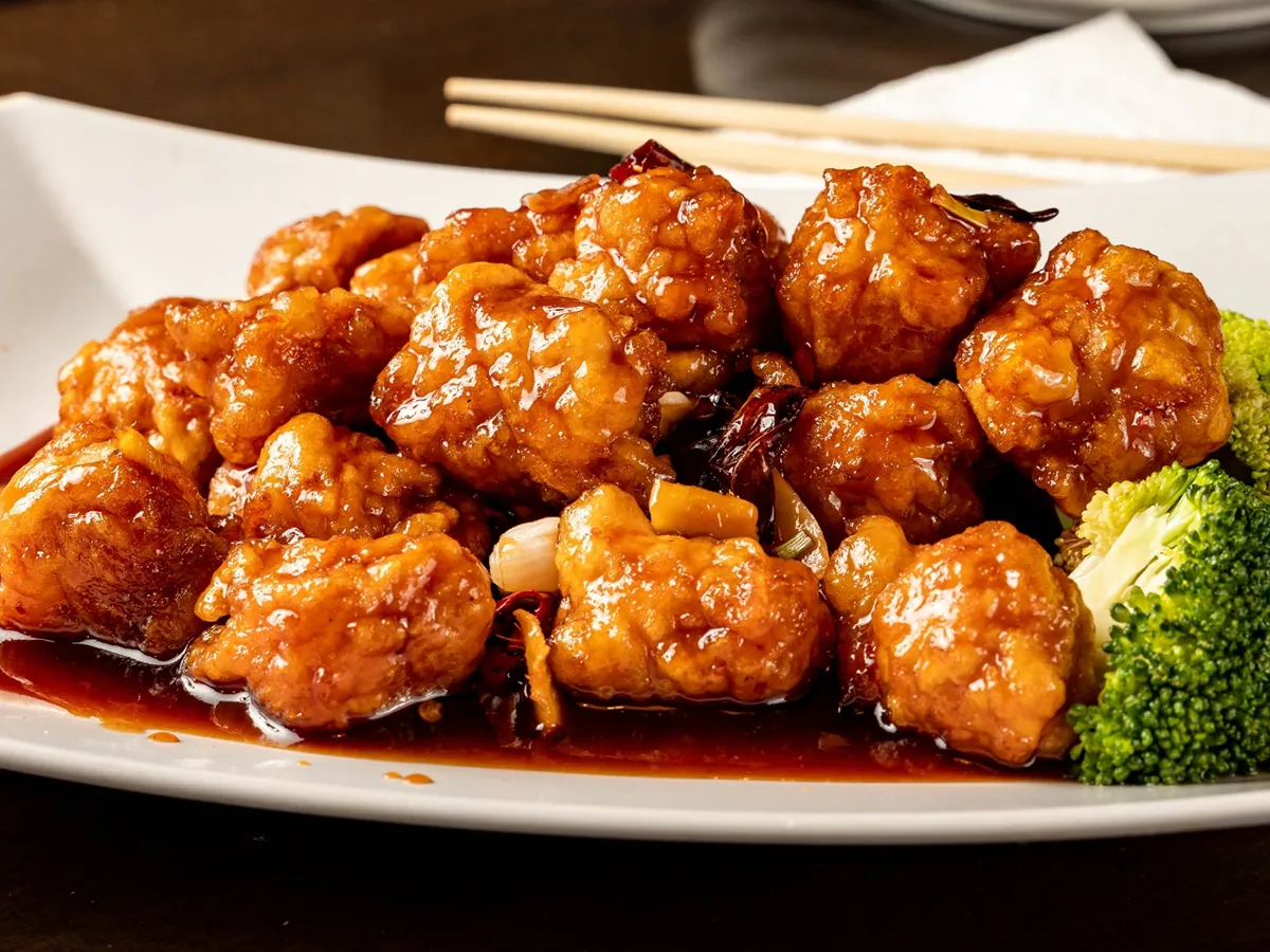 Braised spicy crispy chicken chunks with rich glossy sauce at China Wok Fast Food, a Chinese Restaurant in Hacienda Heights