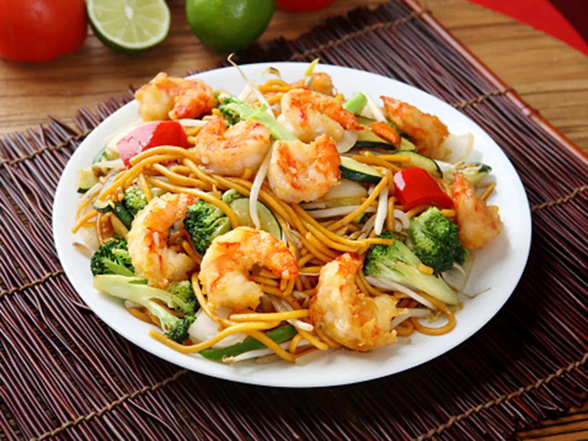 Stir-fried golden egg noodles with plump shrimp and mixed vegetables at China Wok Fast Food, a Chinese Restaurant in Hacienda Heights