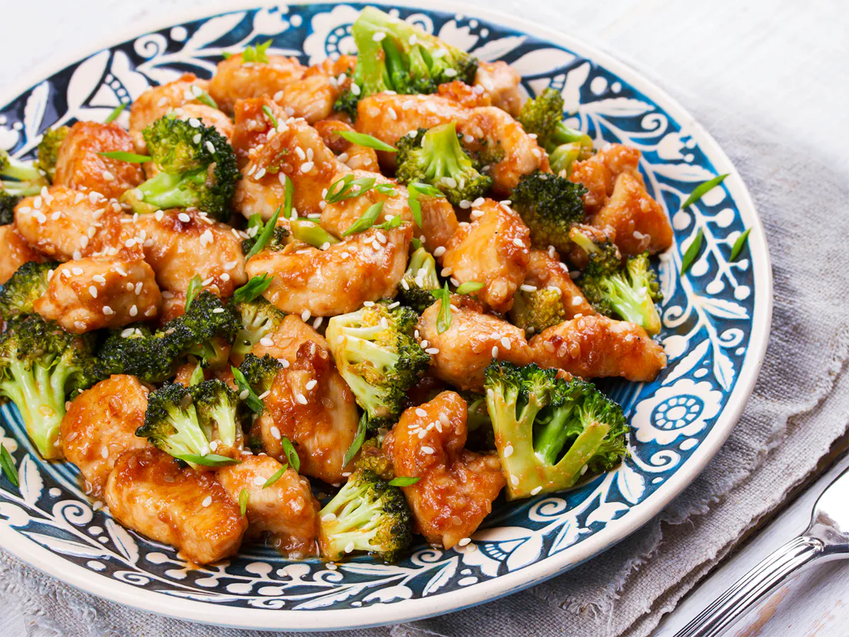 Glazed sesame chicken stir-fried with crisp broccoli florets at China Wok Fast Food, a Chinese Restaurant in Hacienda Heights